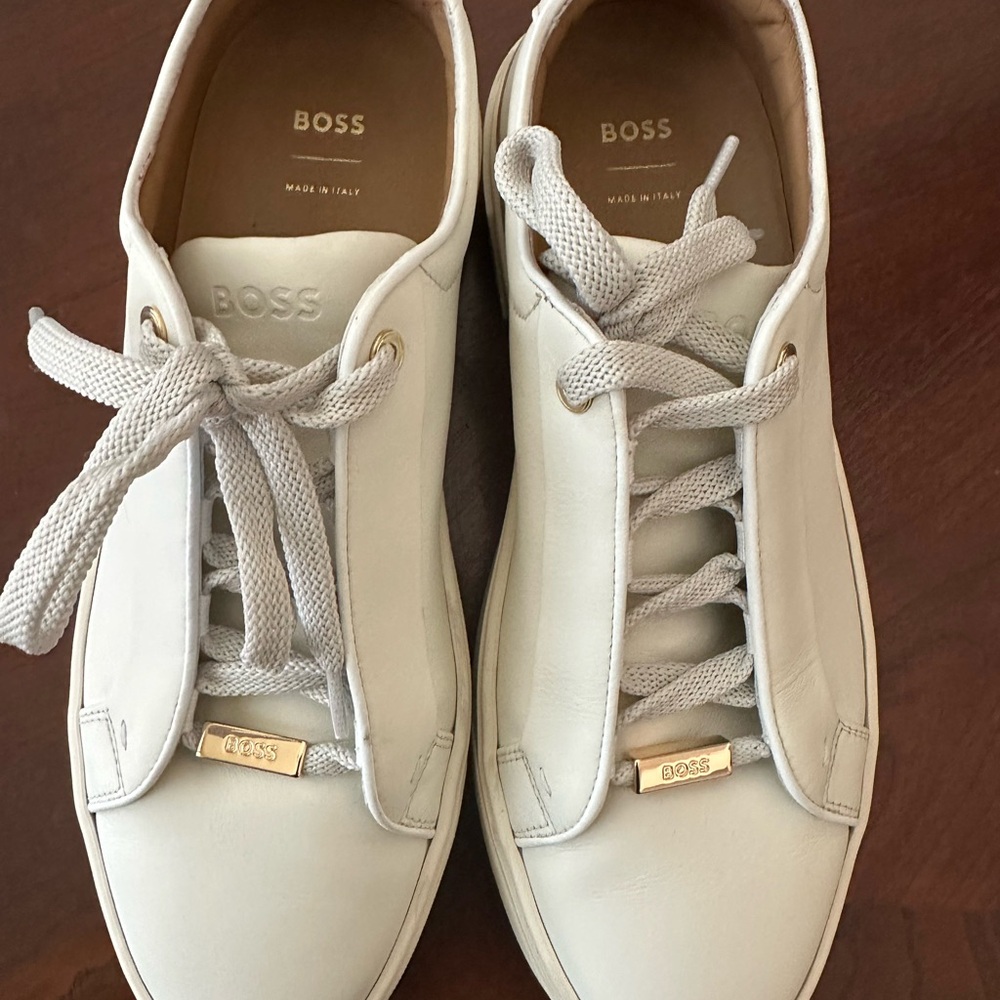 Boss Ivory Leather Sneakers with Gold Details